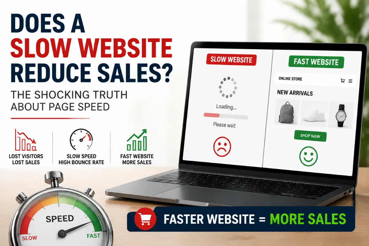 Does a slow website reduce sales? Illustration showing how page speed affects website visitors, conversions, and online sales