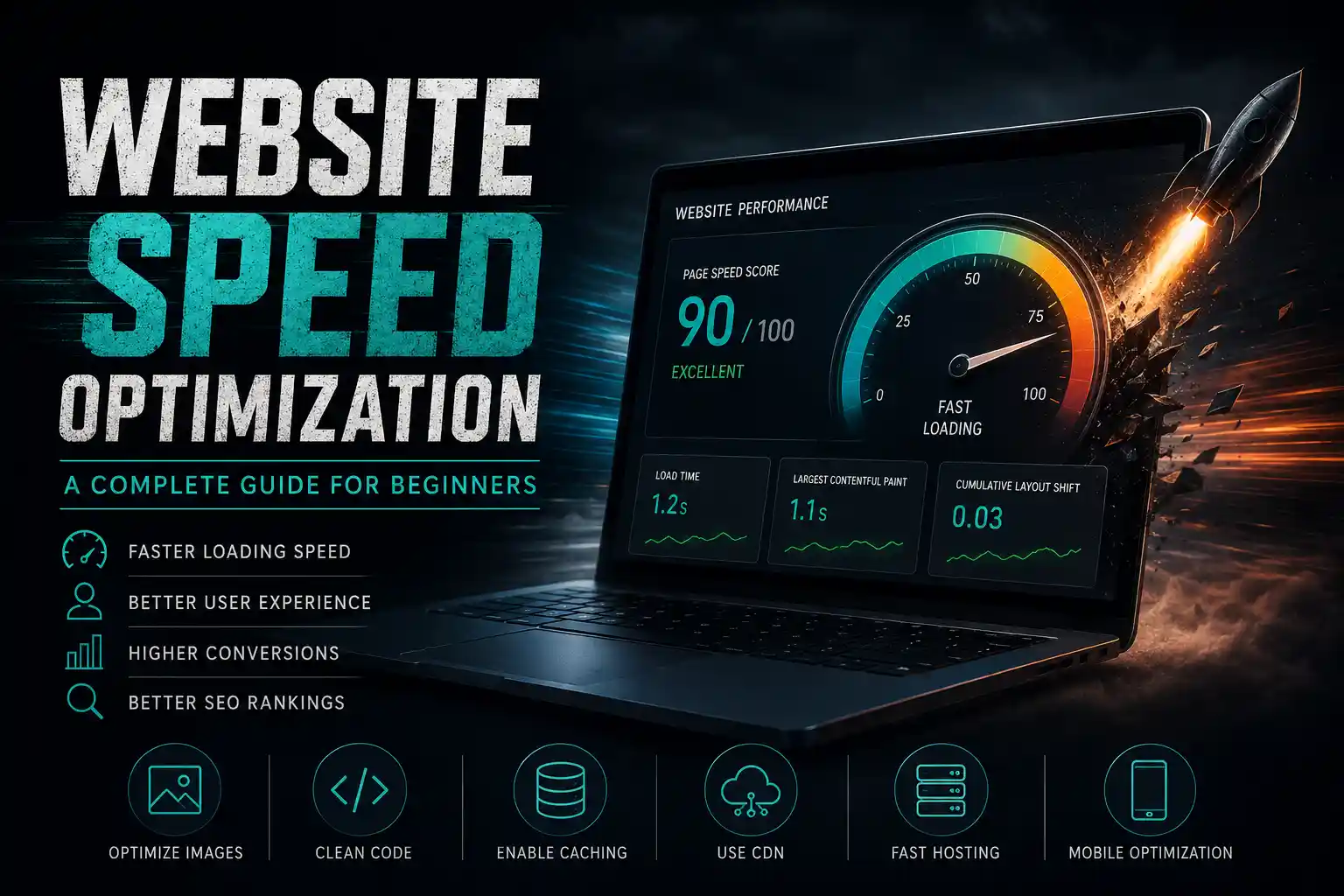 Website speed optimization guide showing a laptop with a 90 out of 100 performance score, fast loading time, image optimization, caching, CDN, hosting, and mobile optimization.