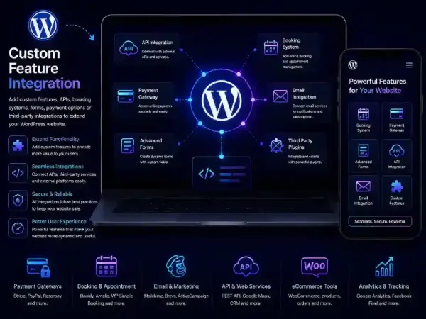 WordPress custom feature integration with APIs, booking systems, payment gateways, forms and third-party services