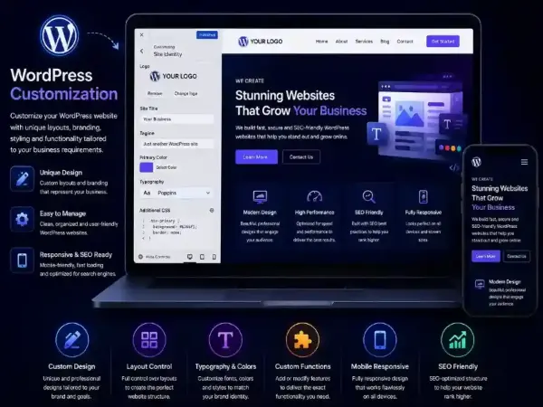 WordPress customization with custom design, layout control, branding, responsive design and SEO features