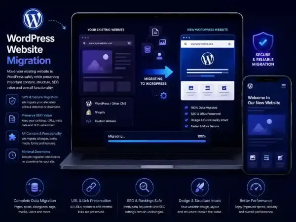 WordPress website migration with secure data transfer, preserved SEO, minimal downtime and improved performance